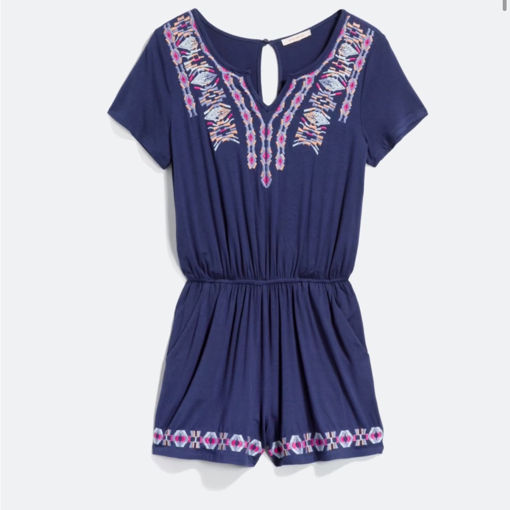Skies Are Blue Navy Romper with Pink Embroidery
